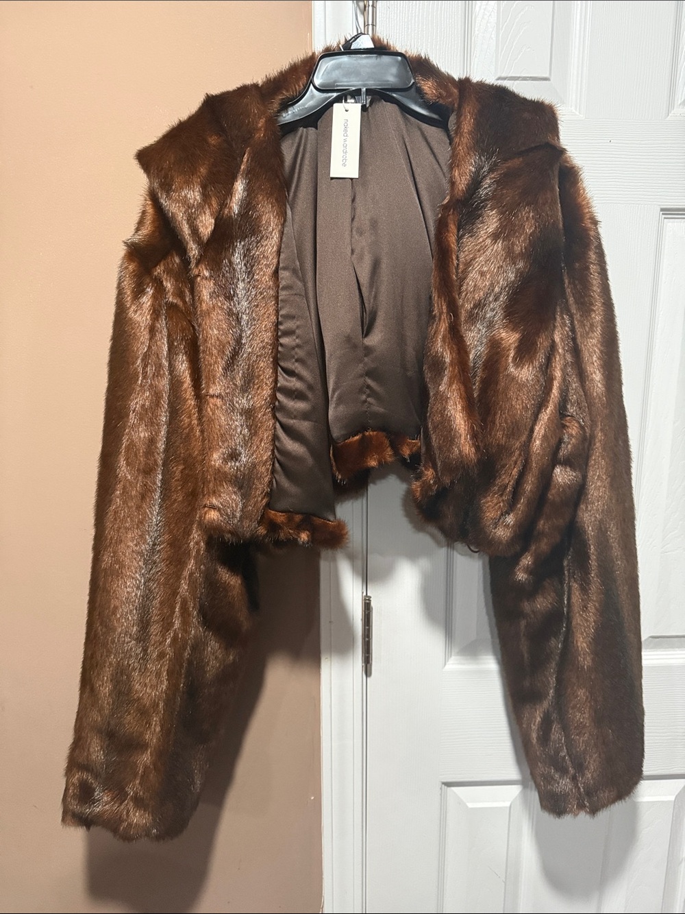 naked wardrobe Women's Dark Brown Faux Fur Cropped Jacket - Picture 3 of 3